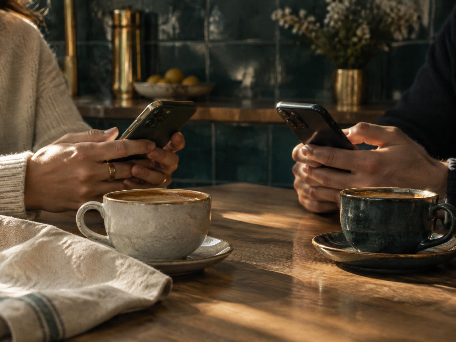 Two partners at a kitchen table, each holding a phone beside a cup of coffee