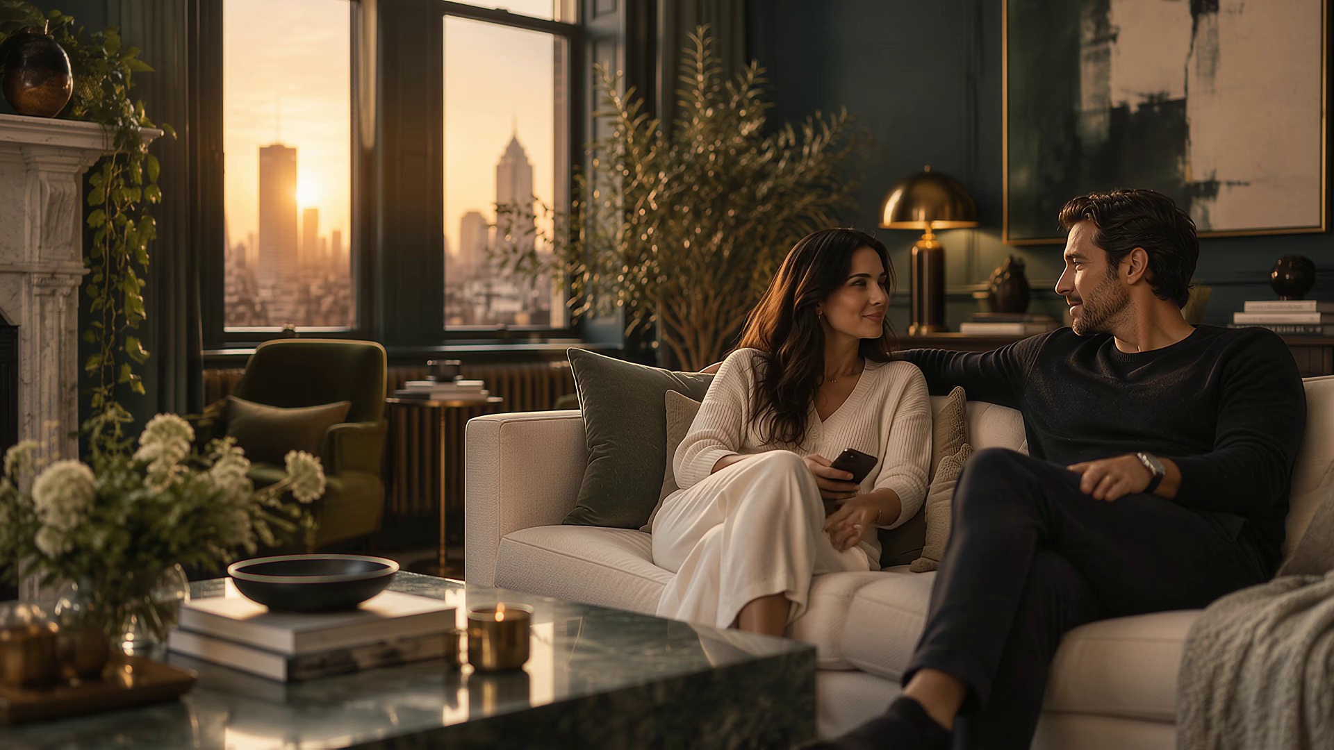 A couple talking side by side on a sofa at golden hour
