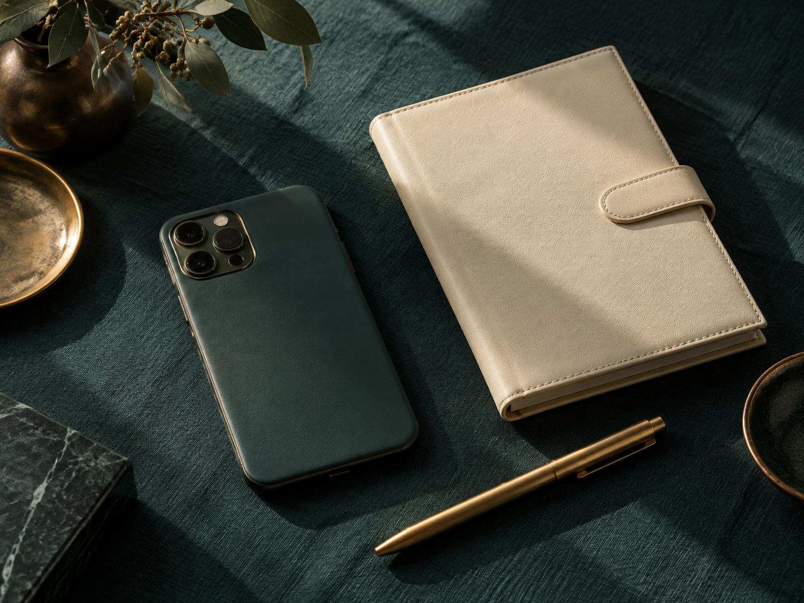 A phone face down beside a closed notebook and brass pen on deep teal linen