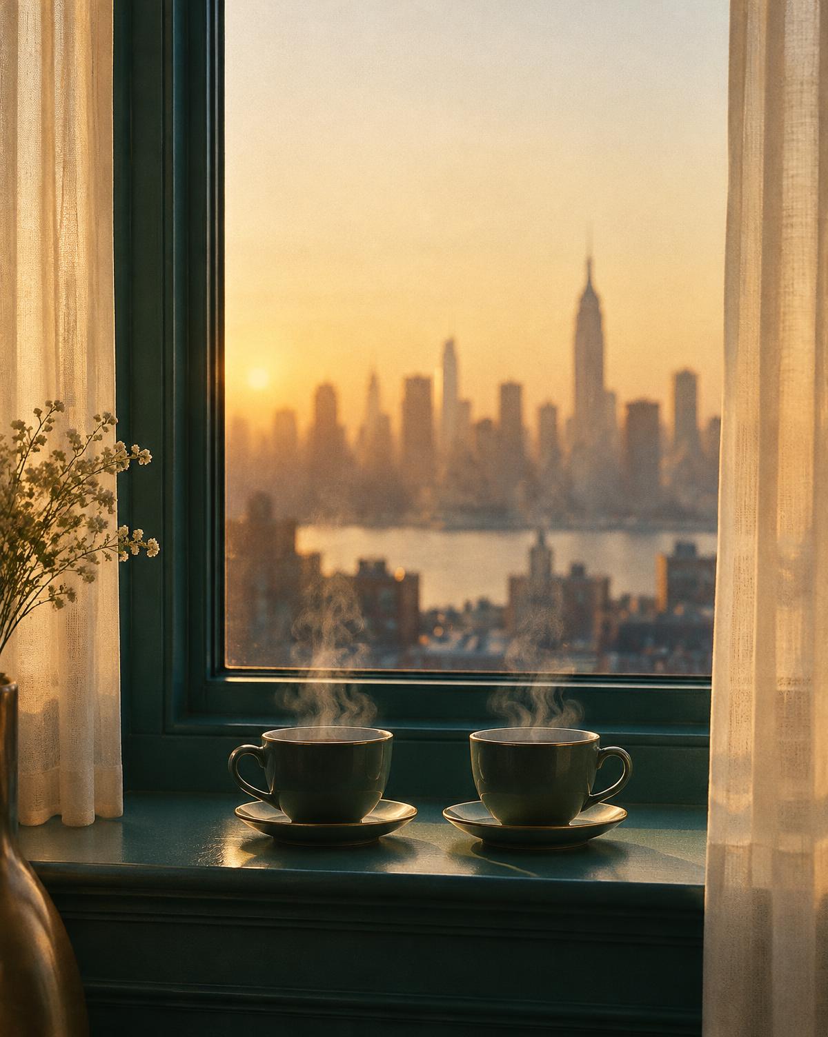 Two cups of tea side by side on a windowsill overlooking the city at dawn